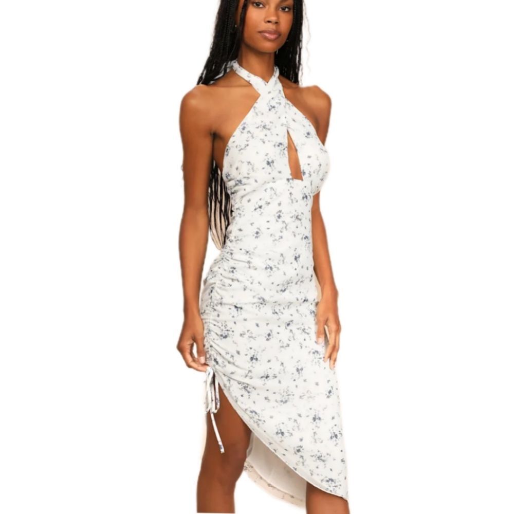Lulus‎ Bouquet Days Floral Asymmetrical Midi Dress Women's XS Halter Cottagecore